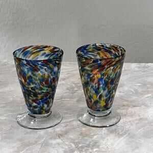 2 Confetti Speckled Footed Glass Vase Goblet or Ice Cream Sundae Glass 6"
